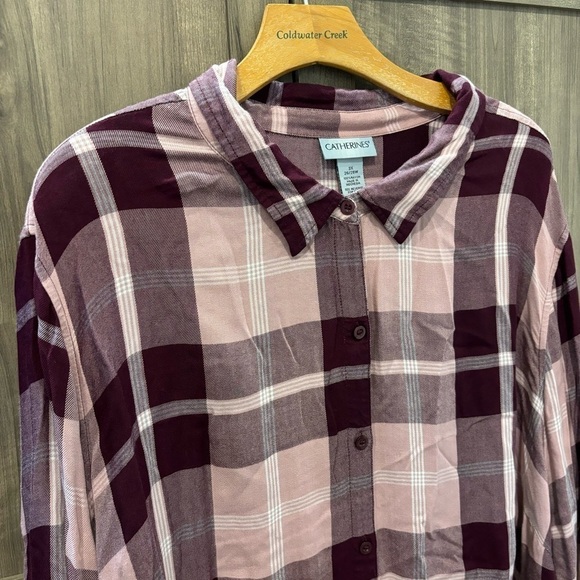 Catherines 3X Flannel Button Shirt Pink Plaid Long Roll Tab Sleeves - Picture 6 of 11